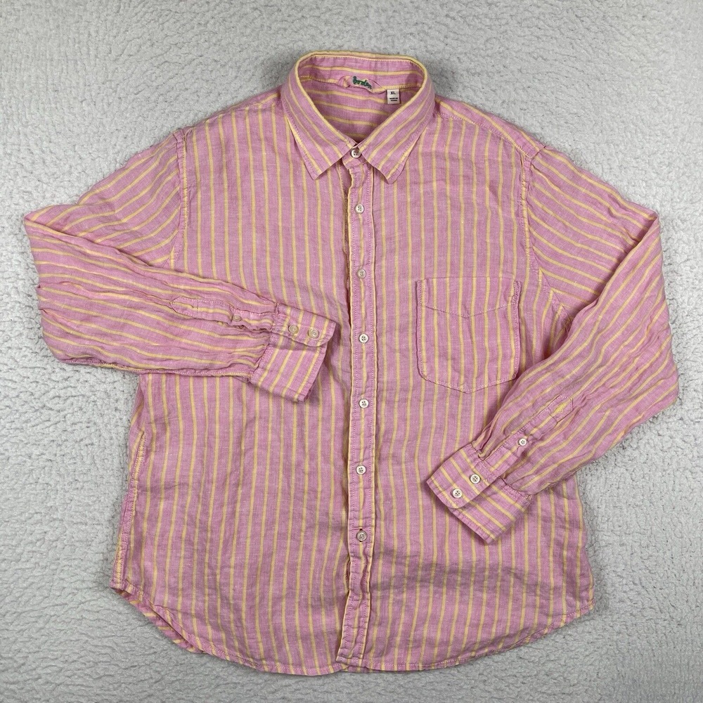 Boden Shirt Mens XL Pink Yellow Striped Linen Preppy Beachy Travel Vacation‎